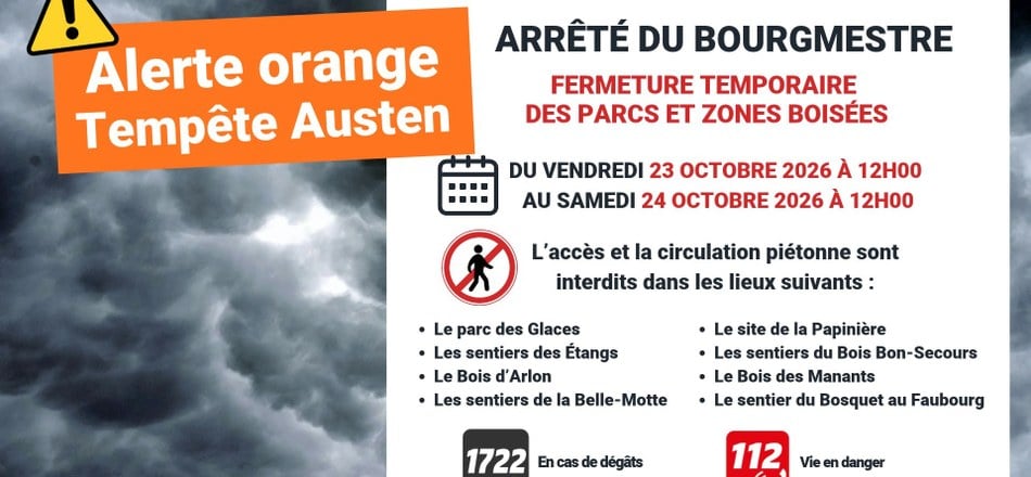 Tempête Austen : fermeture temporaire des parcs et zones boisées du 23 au 24 octobre 2026